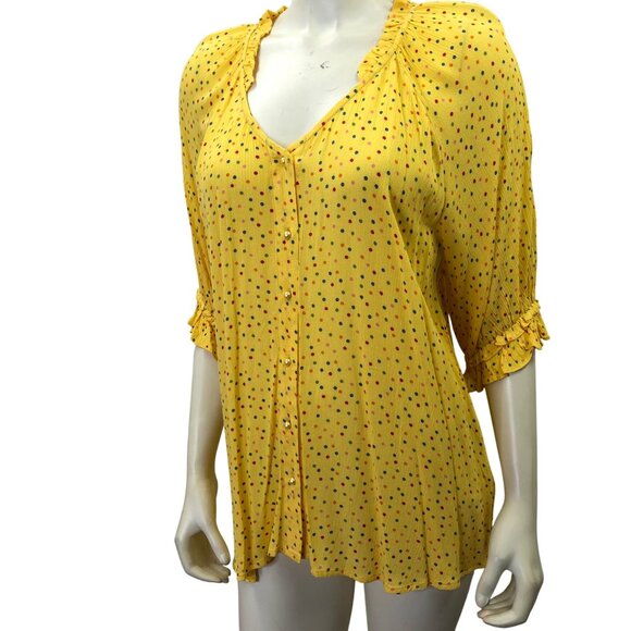 Bobeau Yellow Polka Dot Boho-Chic Button-Up Blouse Ruffle Sleeves Womens L NWT - Picture 2 of 6